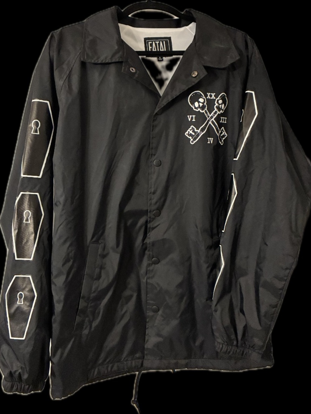 Fatal Small Men’s Black Flannel Lined Windbreaker Jacket with Coffin Skull Theme